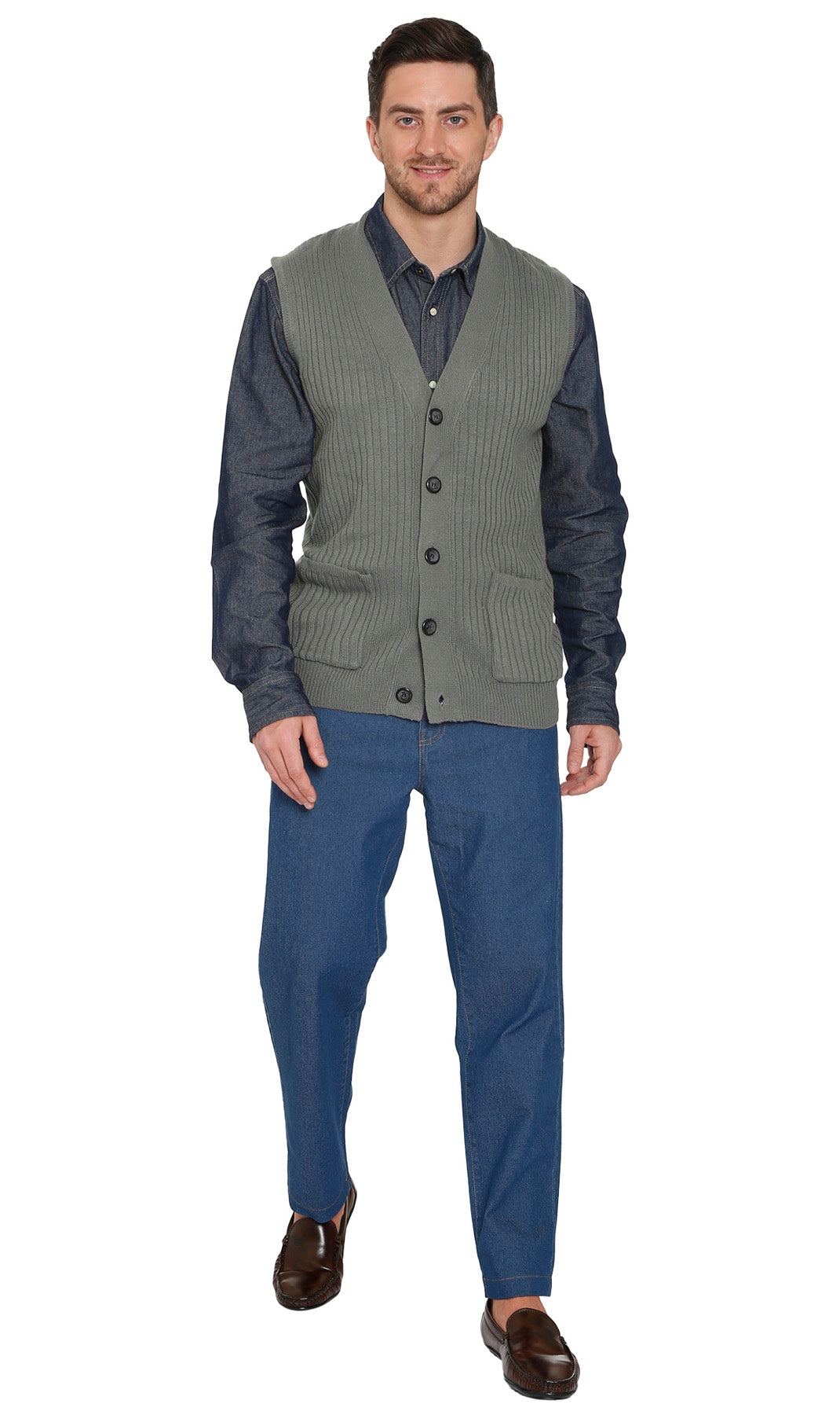Men's Relaxed Fit Rib Knit Sweater Vest - Button Front with Pockets