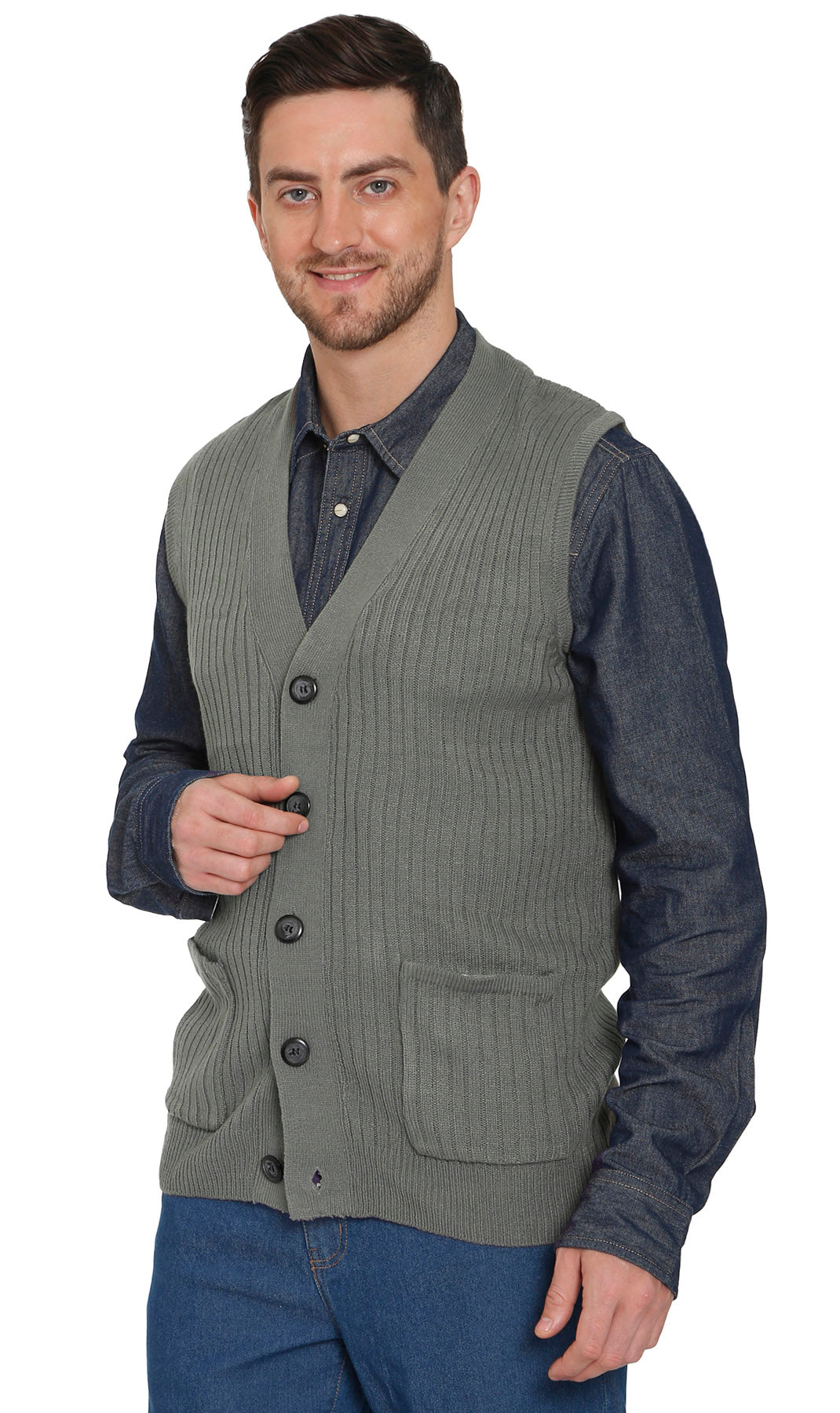 Men's Relaxed Fit Rib Knit Sweater Vest - Button Front with Pockets