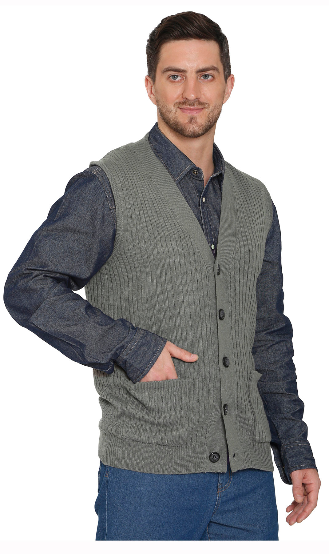 Men's Relaxed Fit Rib Knit Sweater Vest - Button Front with Pockets