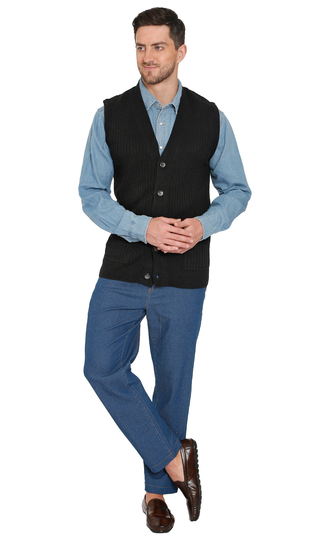 Men's Relaxed Fit Rib Knit Sweater Vest - Button Front with Pockets