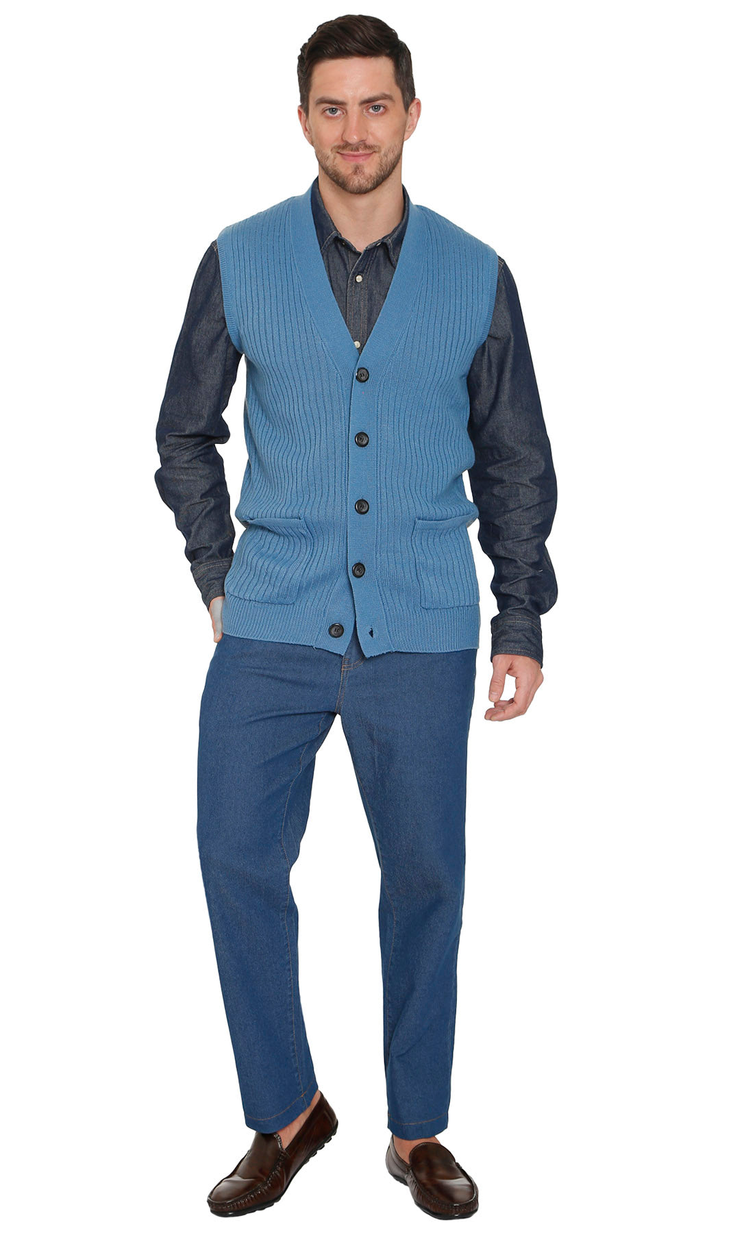 Men's Relaxed Fit Rib Knit Sweater Vest - Button Front with Pockets