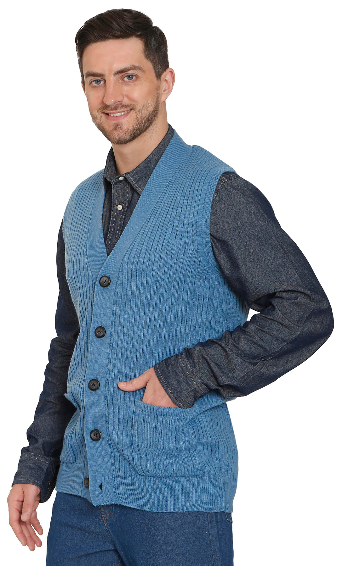 Men's Relaxed Fit Rib Knit Sweater Vest - Button Front with Pockets