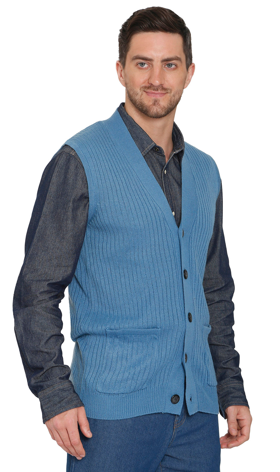 Men's Relaxed Fit Rib Knit Sweater Vest - Button Front with Pockets