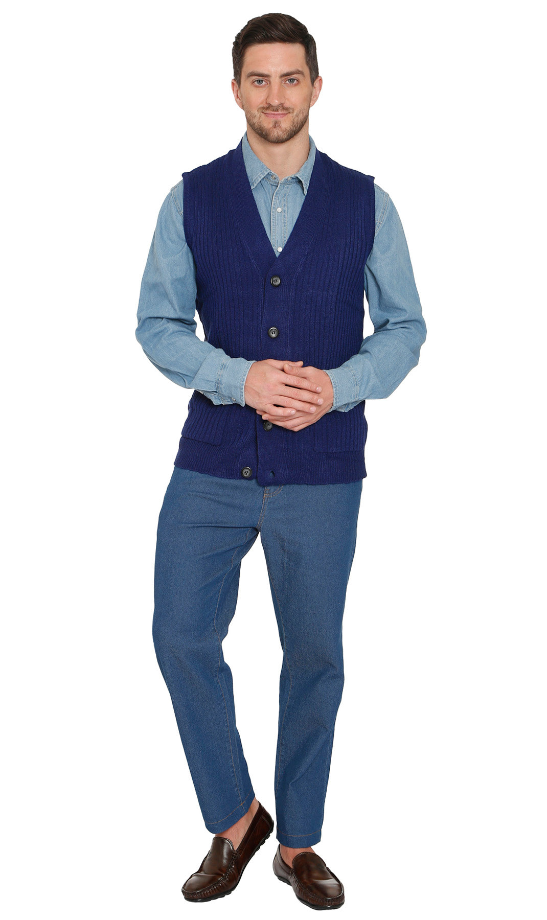 Men's Relaxed Fit Rib Knit Sweater Vest - Button Front with Pockets