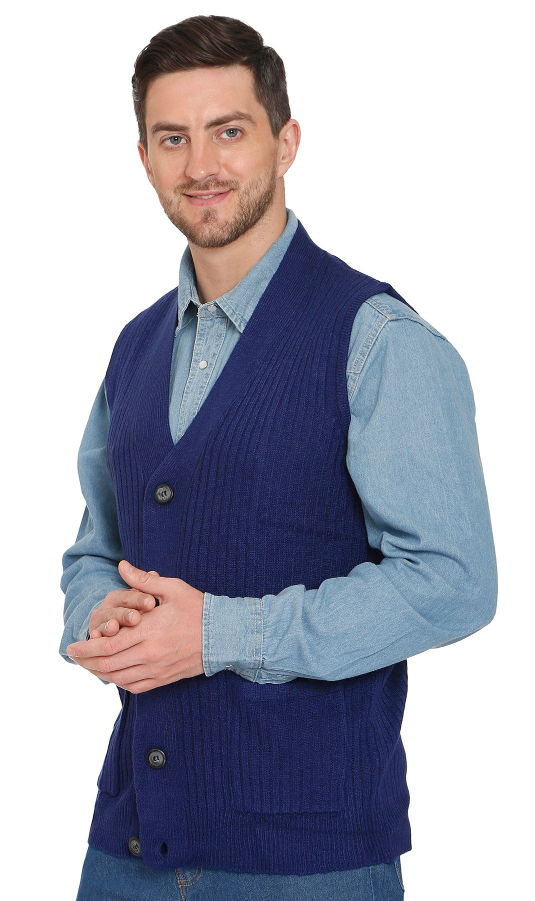 Men's Relaxed Fit Rib Knit Sweater Vest - Button Front with Pockets