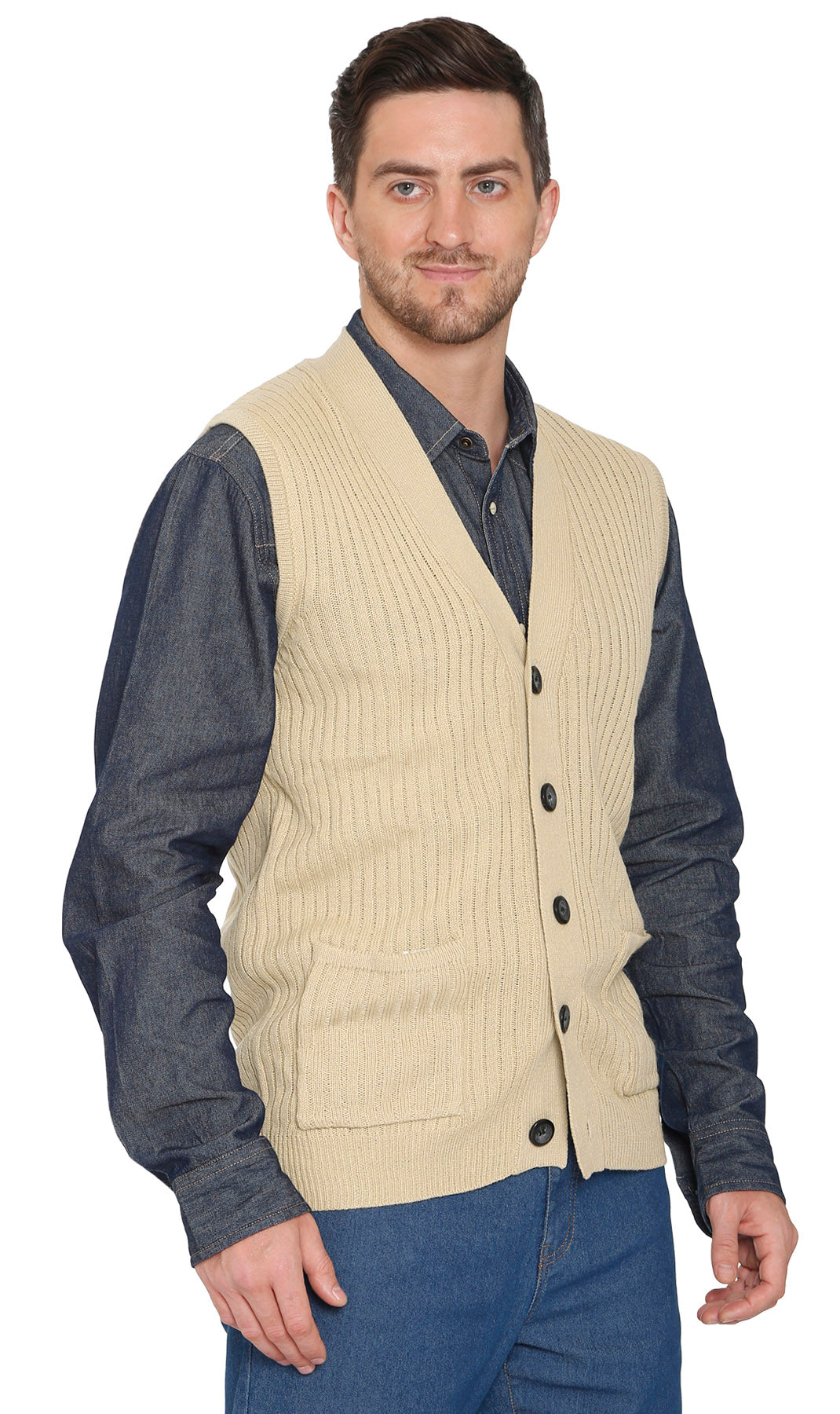 Men's Relaxed Fit Rib Knit Sweater Vest - Button Front with Pockets
