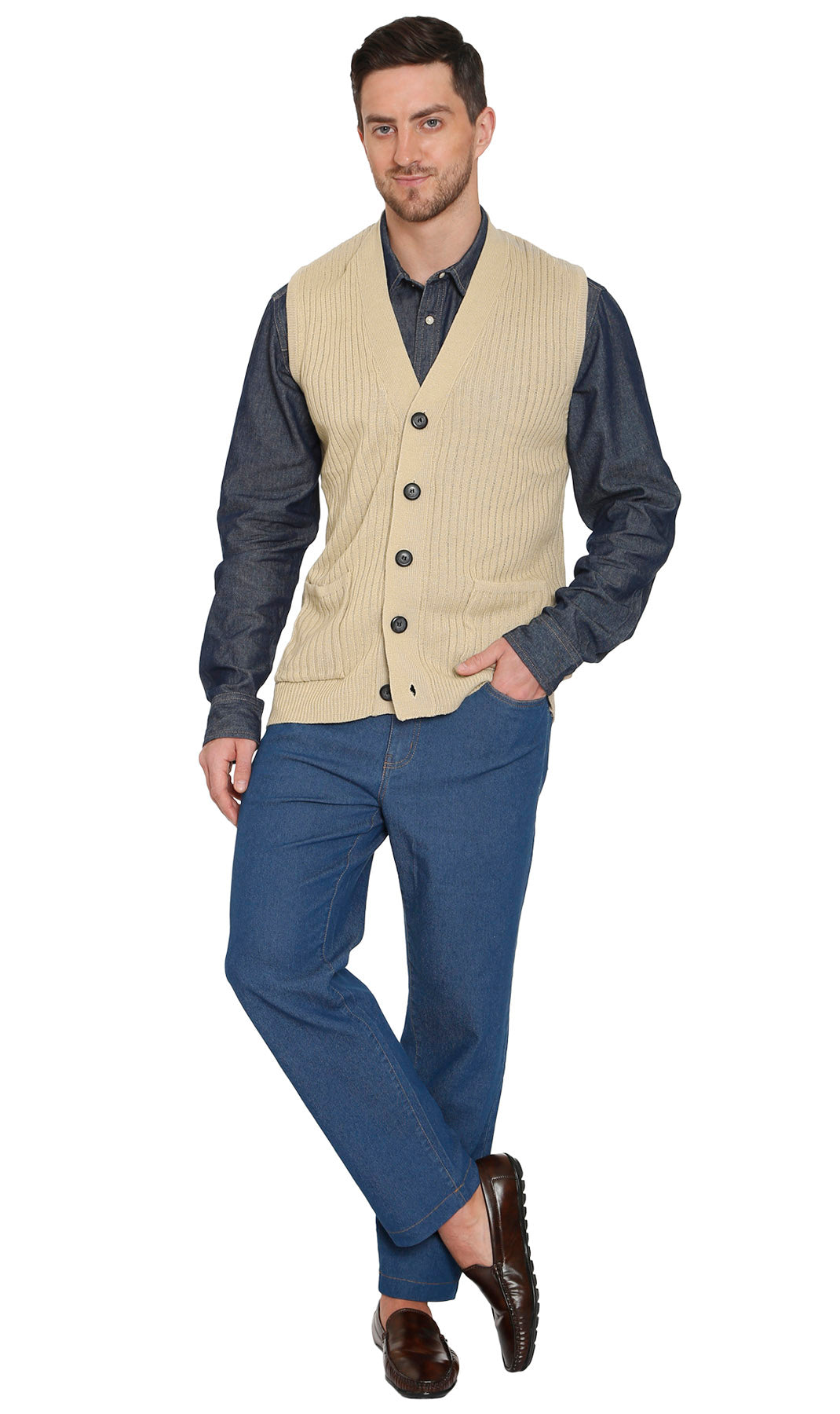 Men's Relaxed Fit Rib Knit Sweater Vest - Button Front with Pockets
