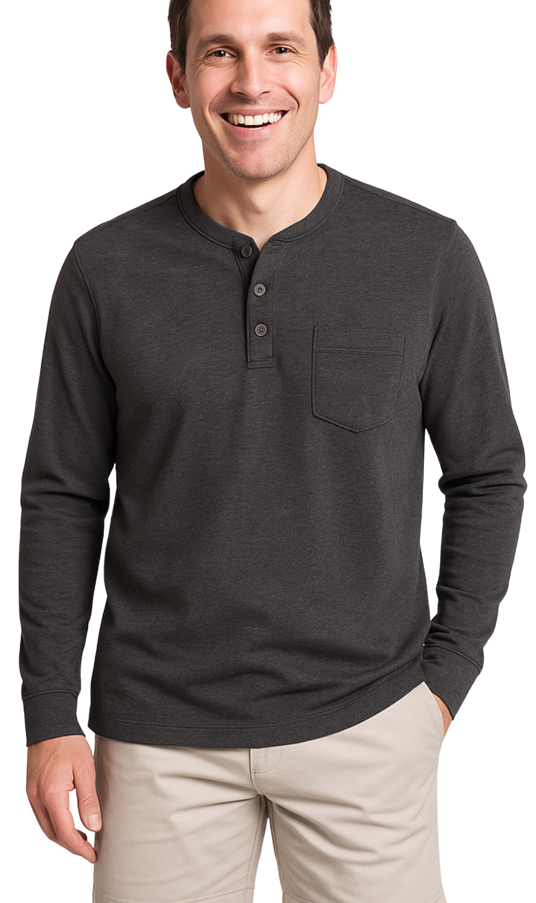 Men's Long Sleeve Henley shirt in cotton blend with 3 Button Placket & Chest Pocket