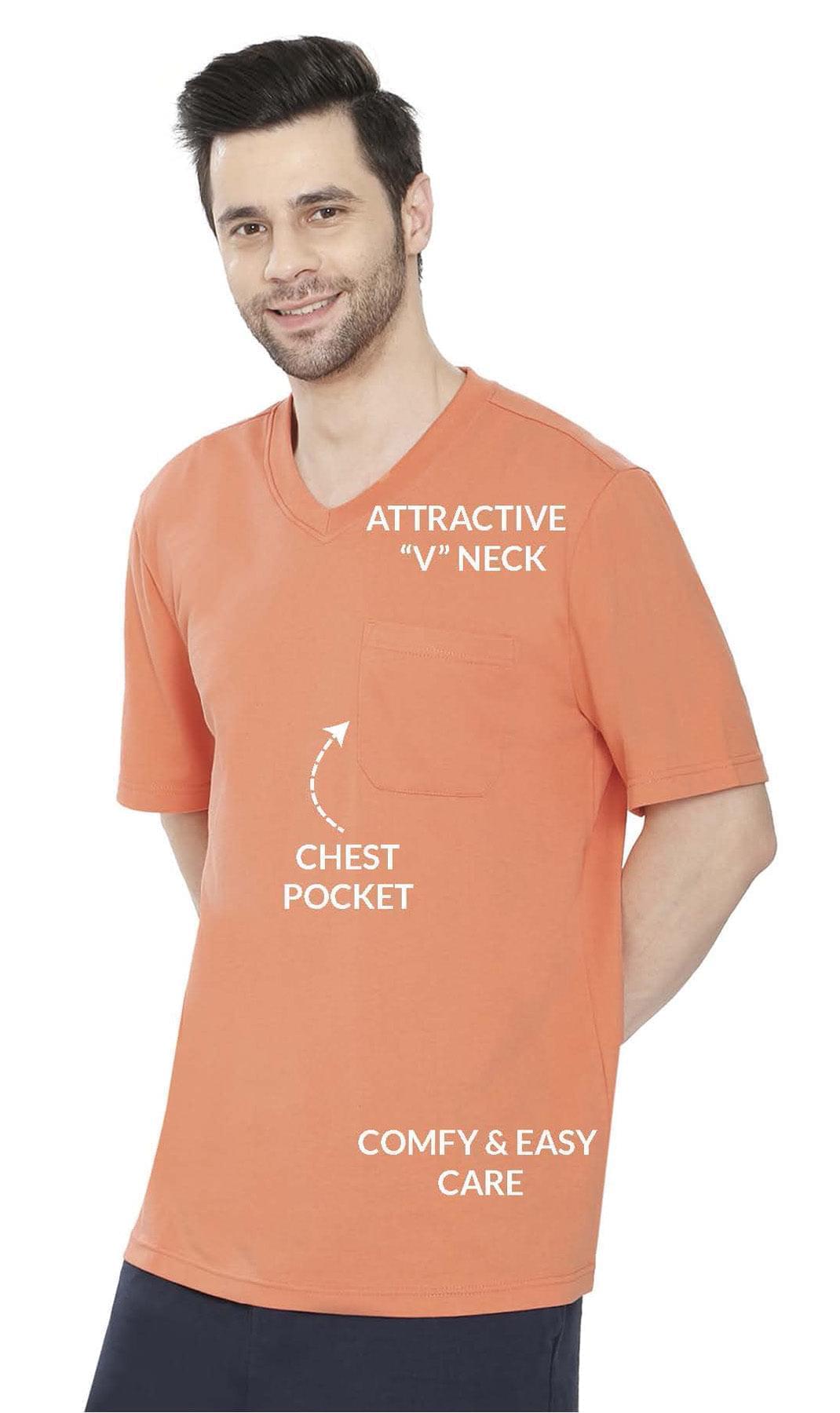 Men’s Short Sleeve Relaxed Fit V-Neck T-Shirt in Cotton Blend with Pocket