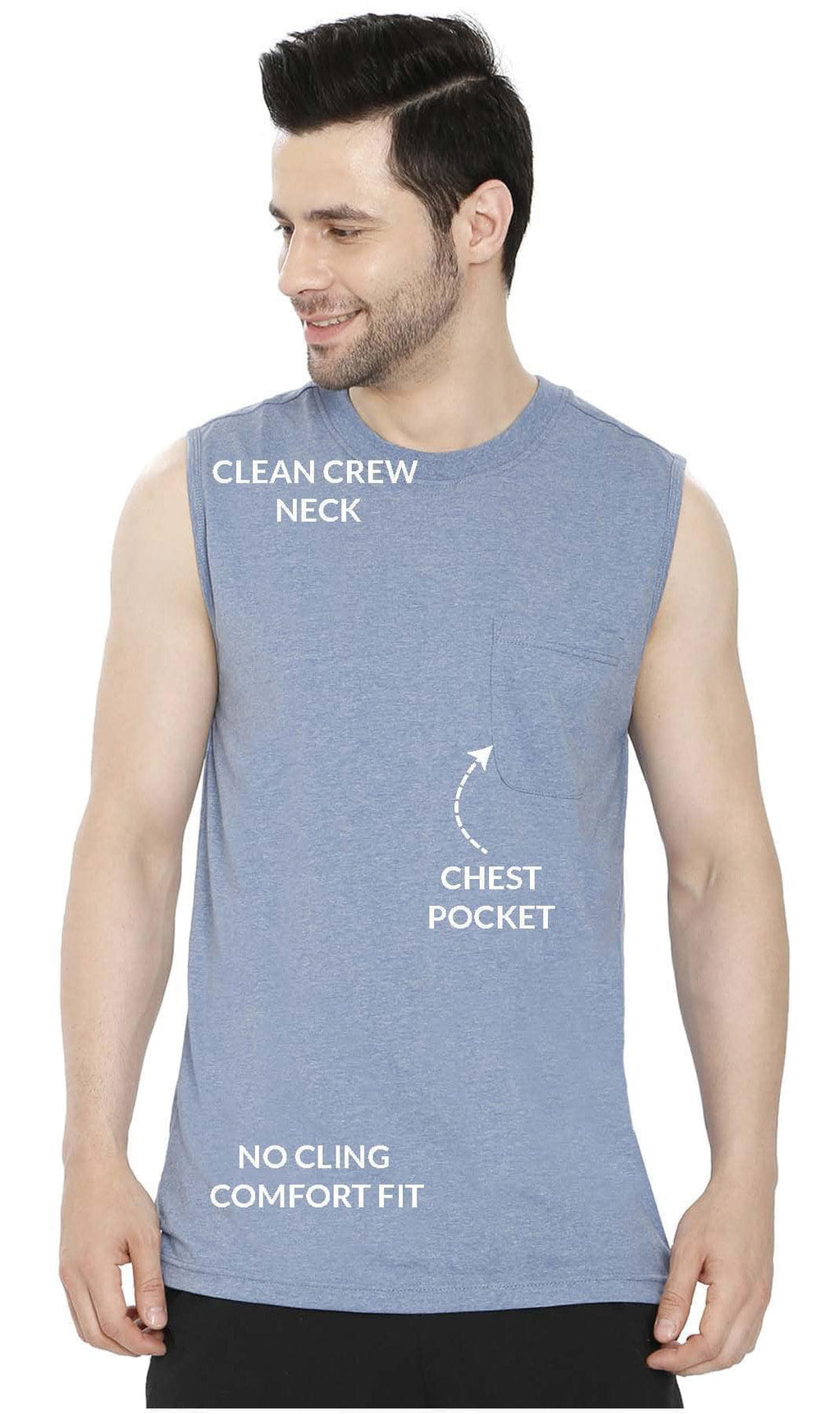 Mens Sleeveless T-Shirt with Pocket - A No Cling Comfort Fit Tank