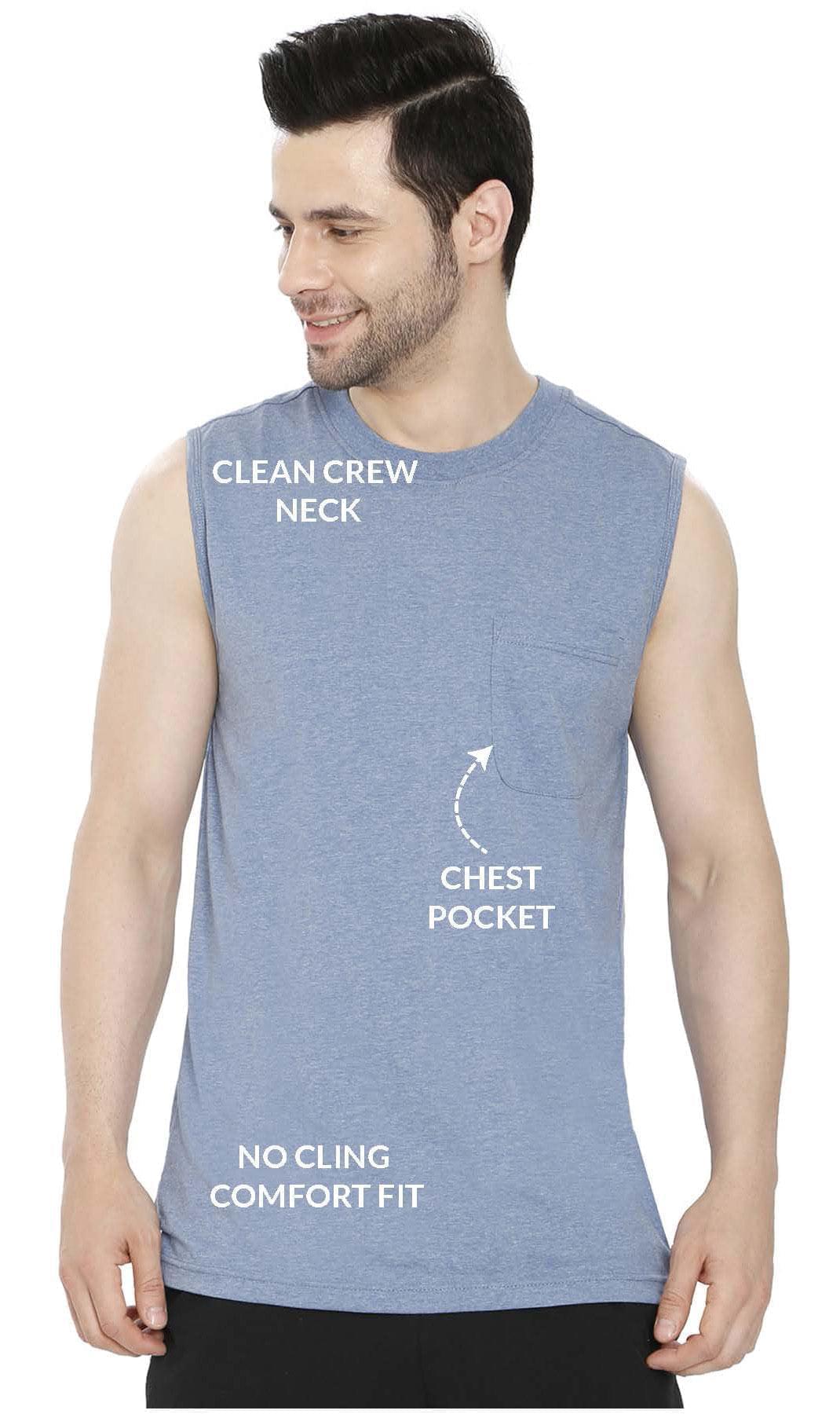 Mens Sleeveless T-Shirt with Pocket - A No Cling Comfort Fit Tank
