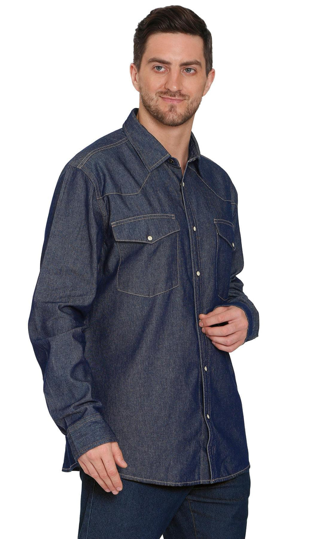 Mens Western Snap Front Button Shirt in Denim and Twill with a Stitched Yoke and Chest Pockets