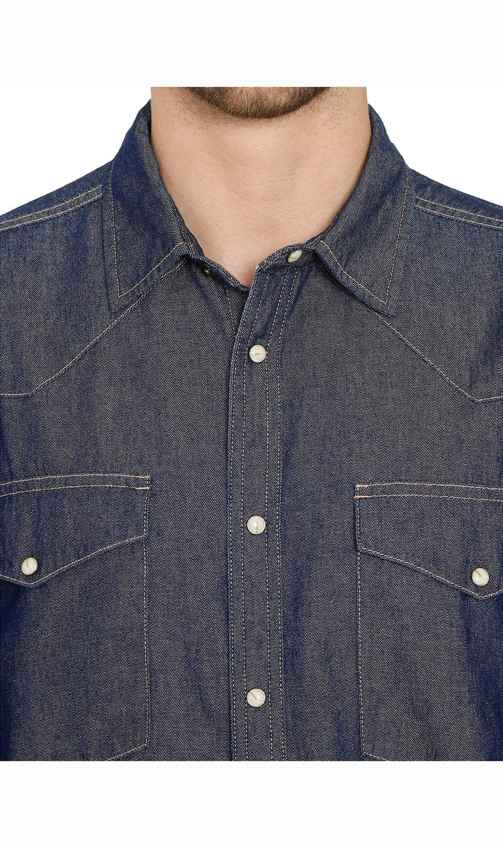 Mens Western Snap Front Button Shirt in Denim and Twill with a Stitched Yoke and Chest Pockets