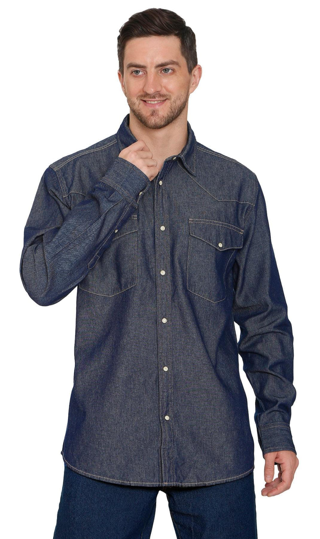 Mens Western Snap Front Button Shirt in Denim and Twill with a Stitched Yoke and Chest Pockets