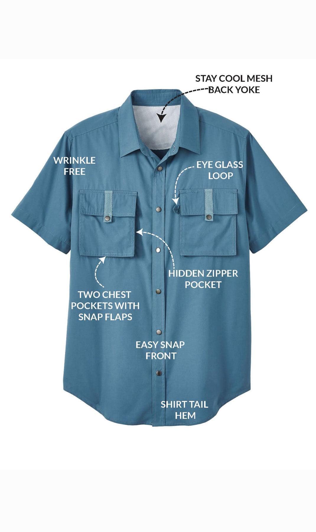 Men's Short Sleeve Easy Snap Explorer Shirt With Multi-Pockets and cool back mesh