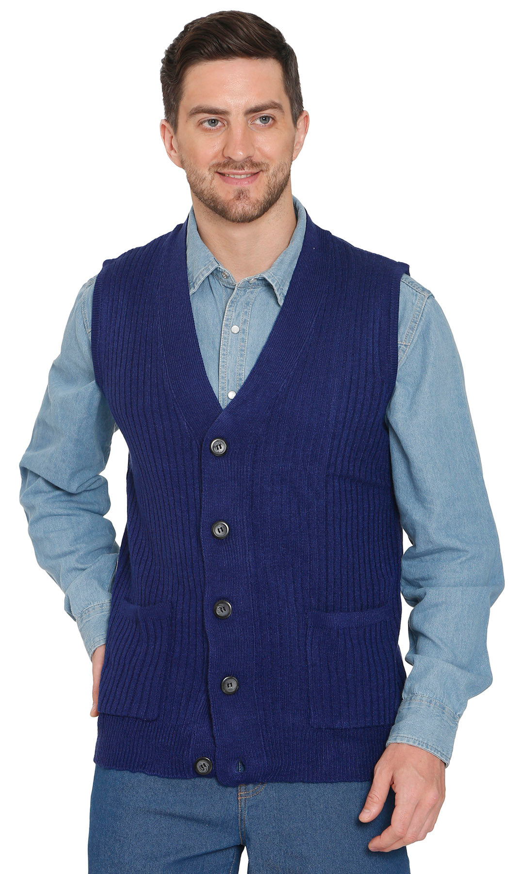 Men's Relaxed Fit Rib Knit Sweater Vest - Button Front with Pockets