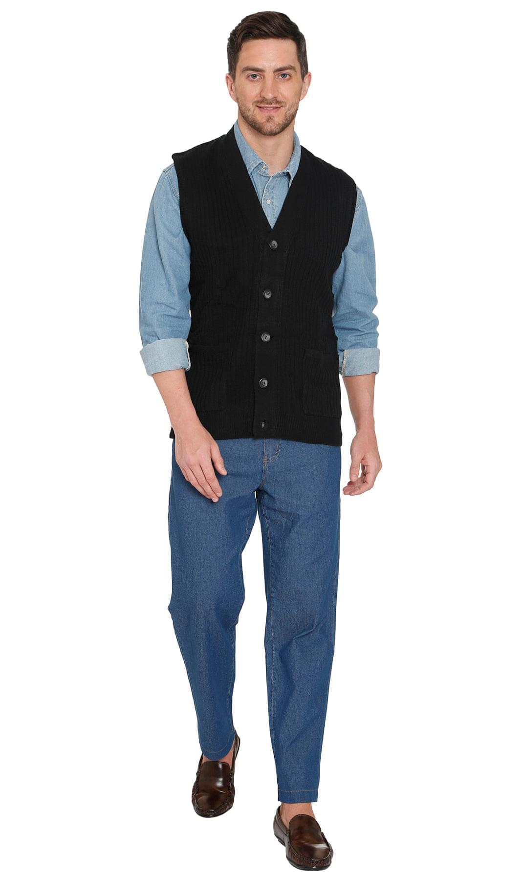 Men's Cashmere-Like Button Front Flat Knit Sweater Vest with front patch pockets