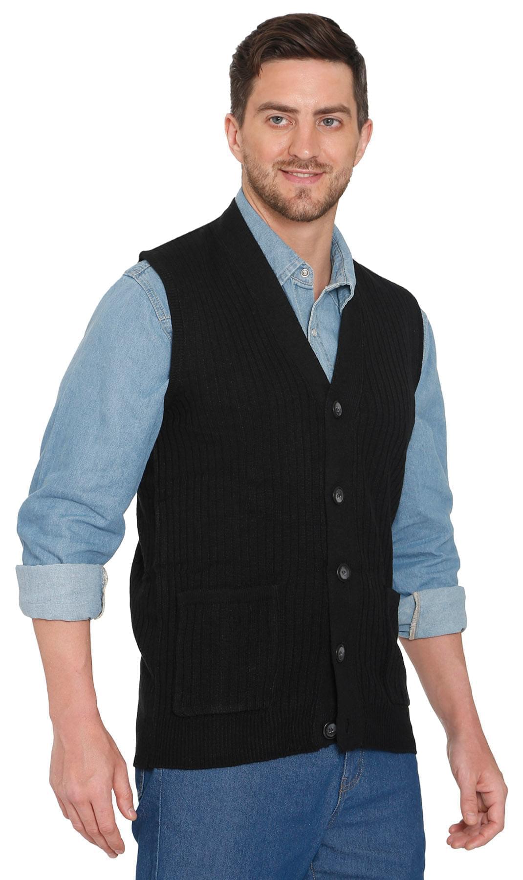 Men's Cashmere-Like Button Front Flat Knit Sweater Vest with front patch pockets