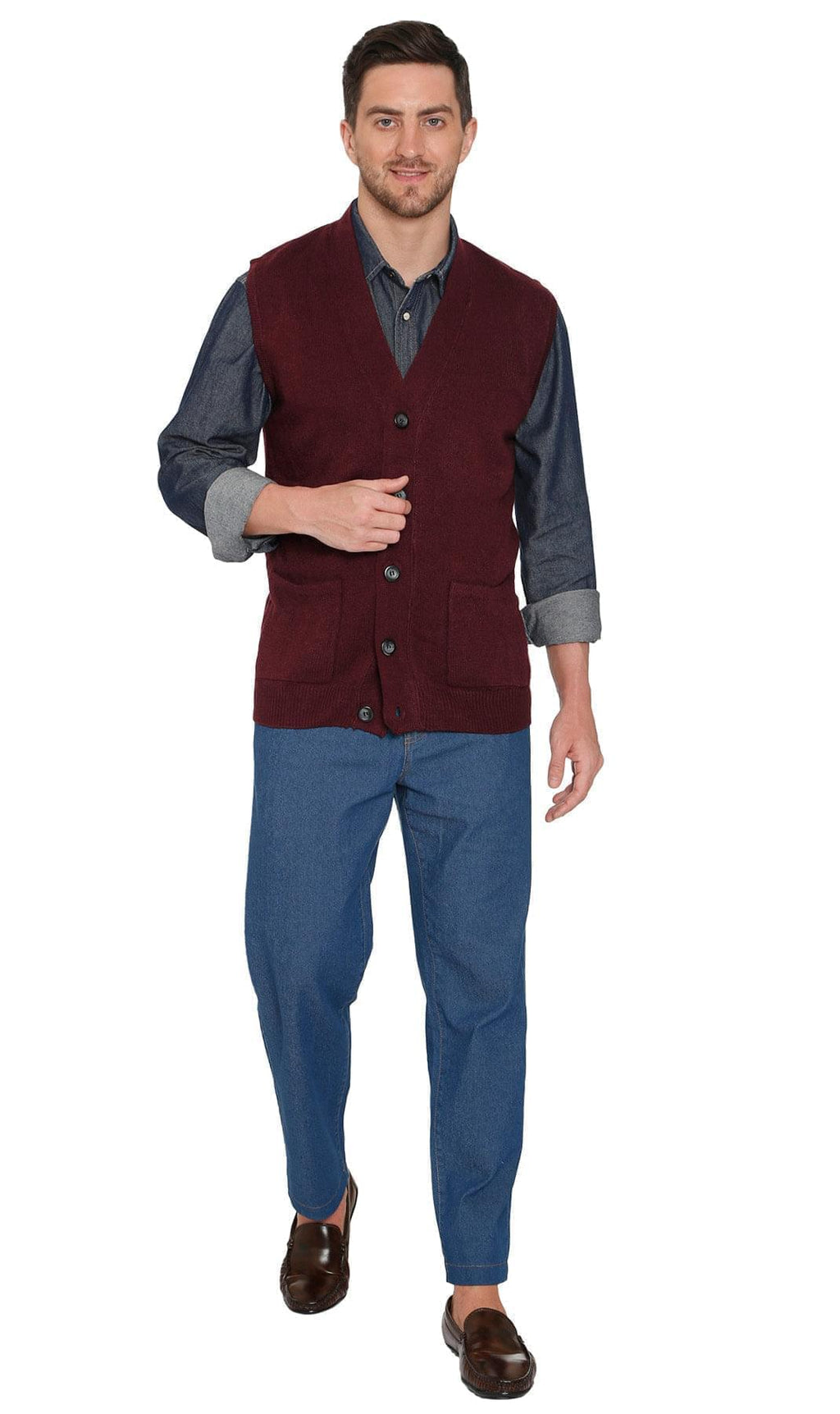 Men's Cashmere-Like Button Front Flat Knit Sweater Vest with front patch pockets