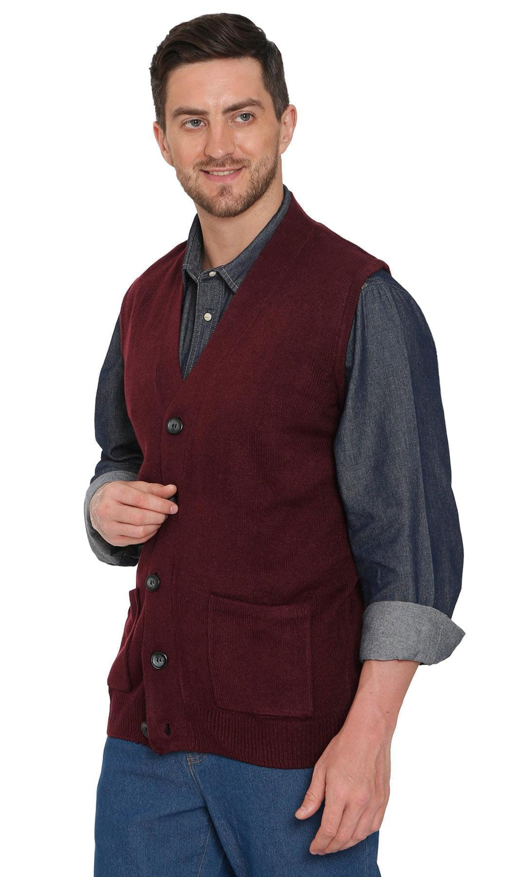Men's Cashmere-Like Button Front Flat Knit Sweater Vest with front patch pockets
