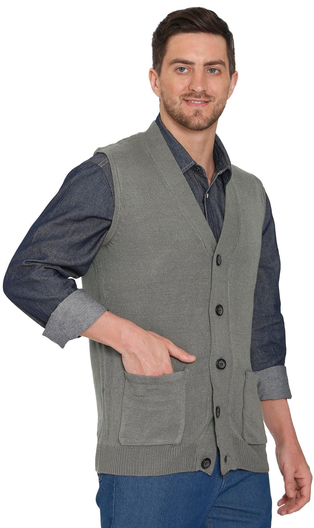 Men's Cashmere-Like Button Front Flat Knit Sweater Vest with front patch pockets