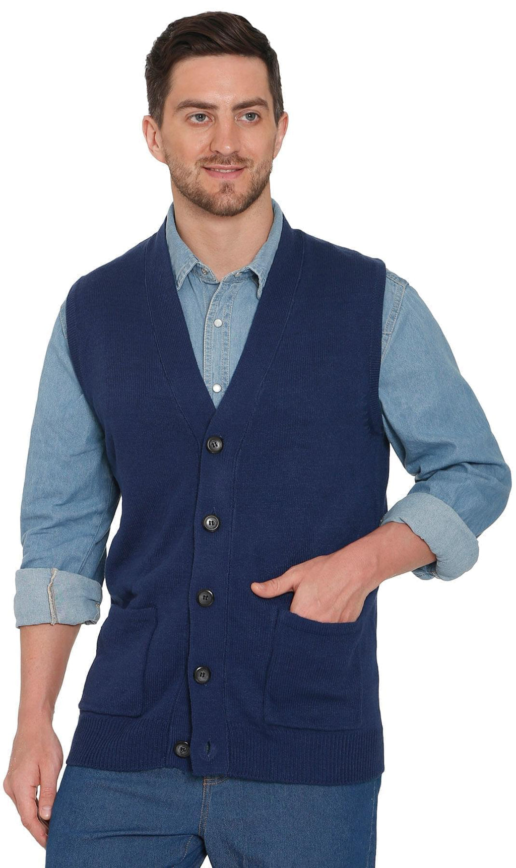 Men's Cashmere-Like Button Front Flat Knit Sweater Vest with front patch pockets