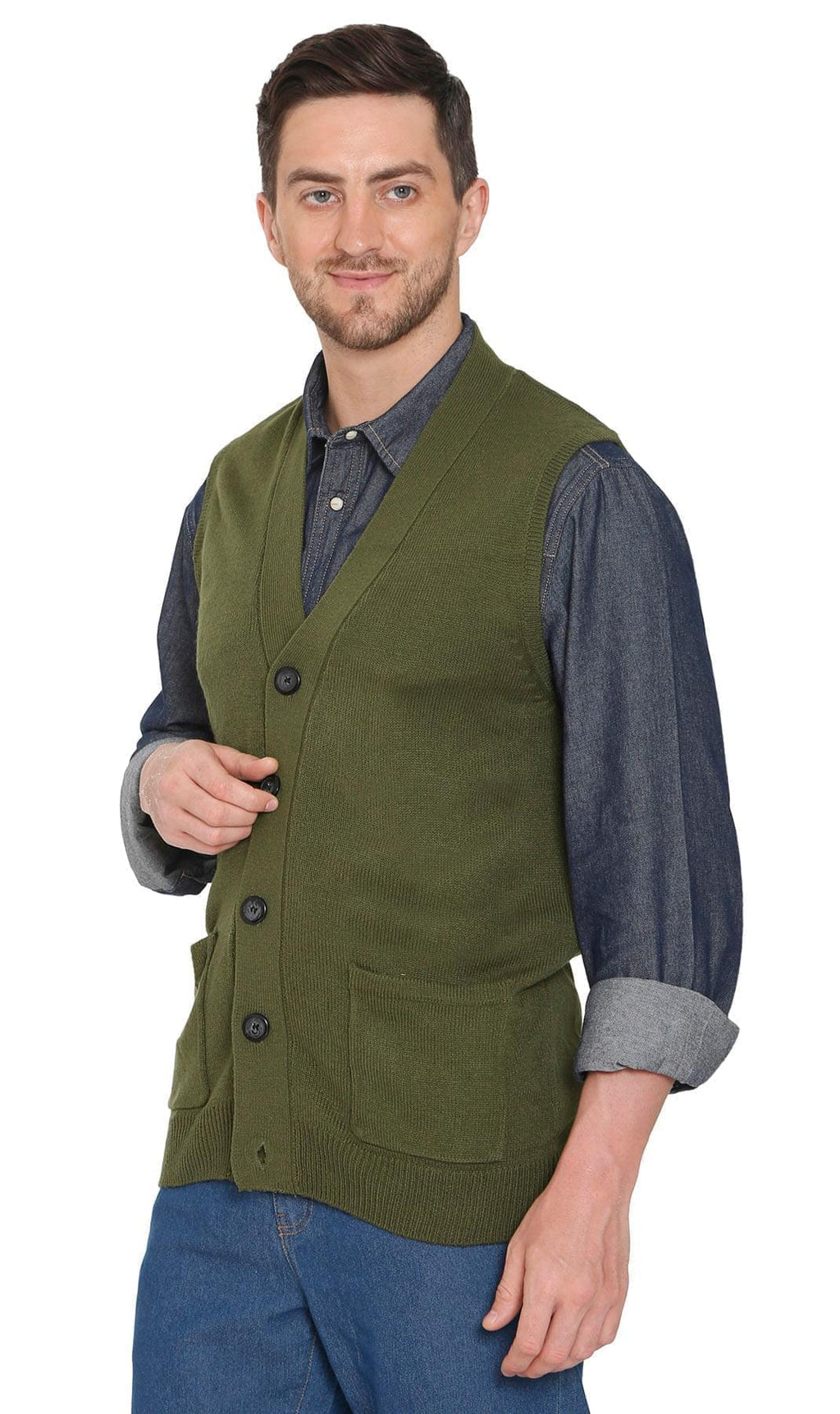 Men's Cashmere-Like Button Front Flat Knit Sweater Vest with front patch pockets