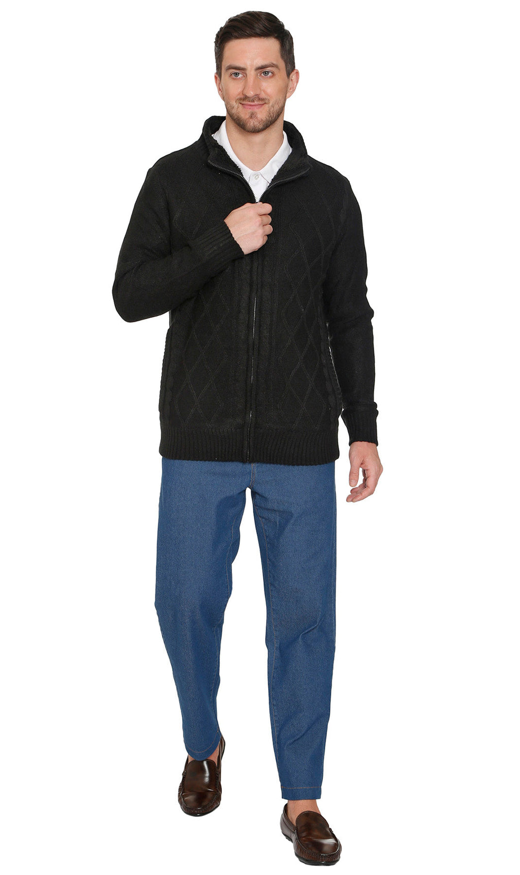 Mens Sherpa Fleece Lined Zip Front Sweater Jacket
