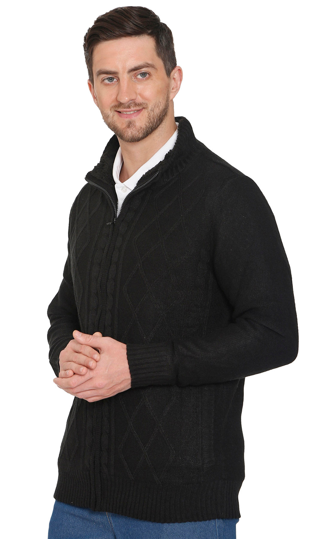 Mens Sherpa Fleece Lined Zip Front Sweater Jacket