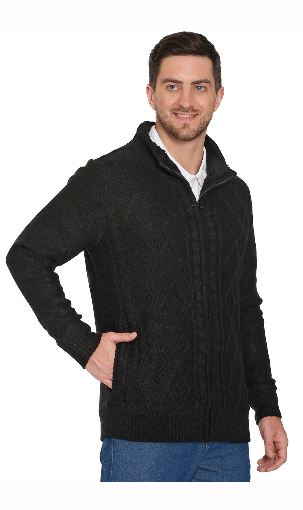 Mens Sherpa Fleece Lined Zip Front Sweater Jacket