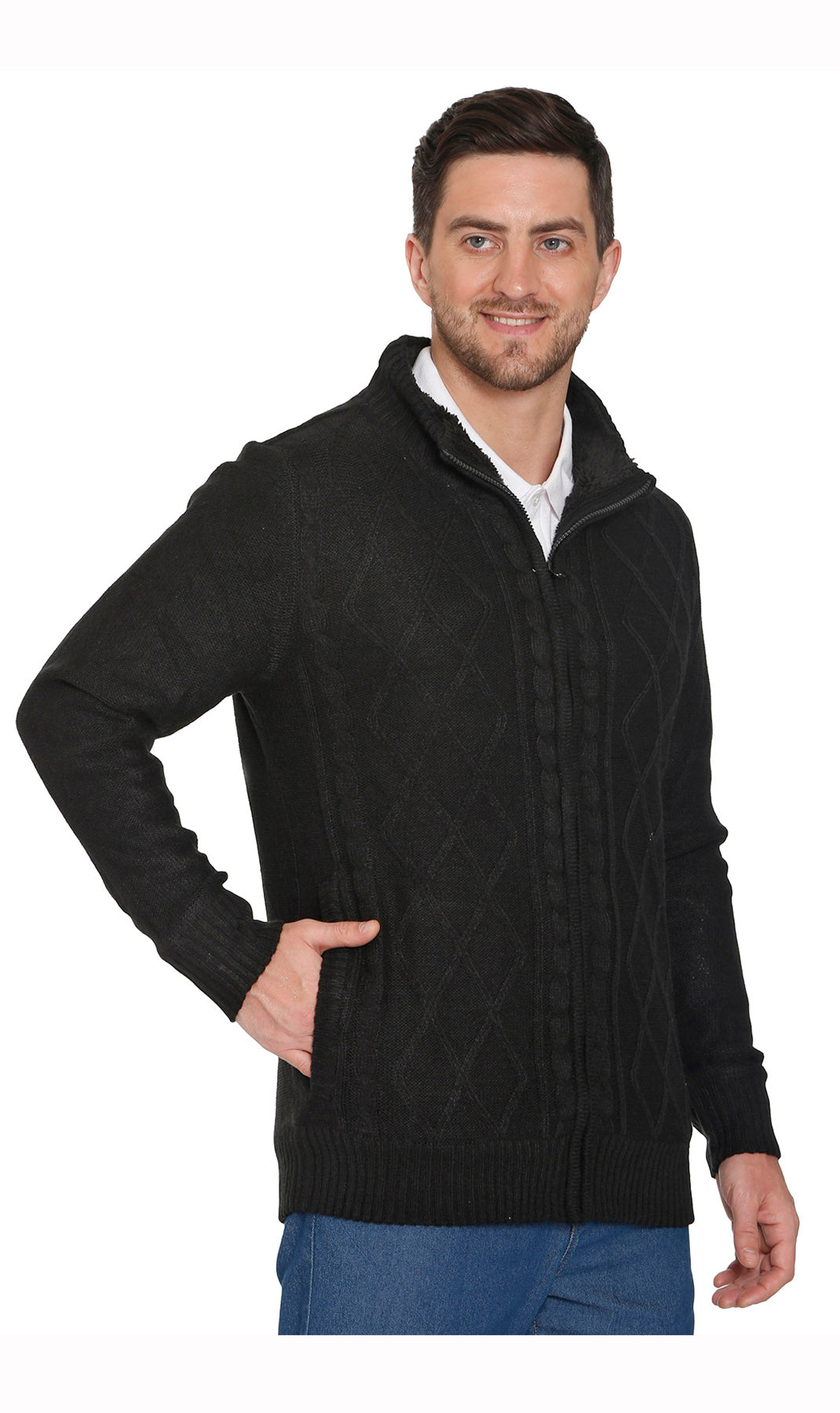 Mens Sherpa Fleece Lined Zip Front Sweater Jacket