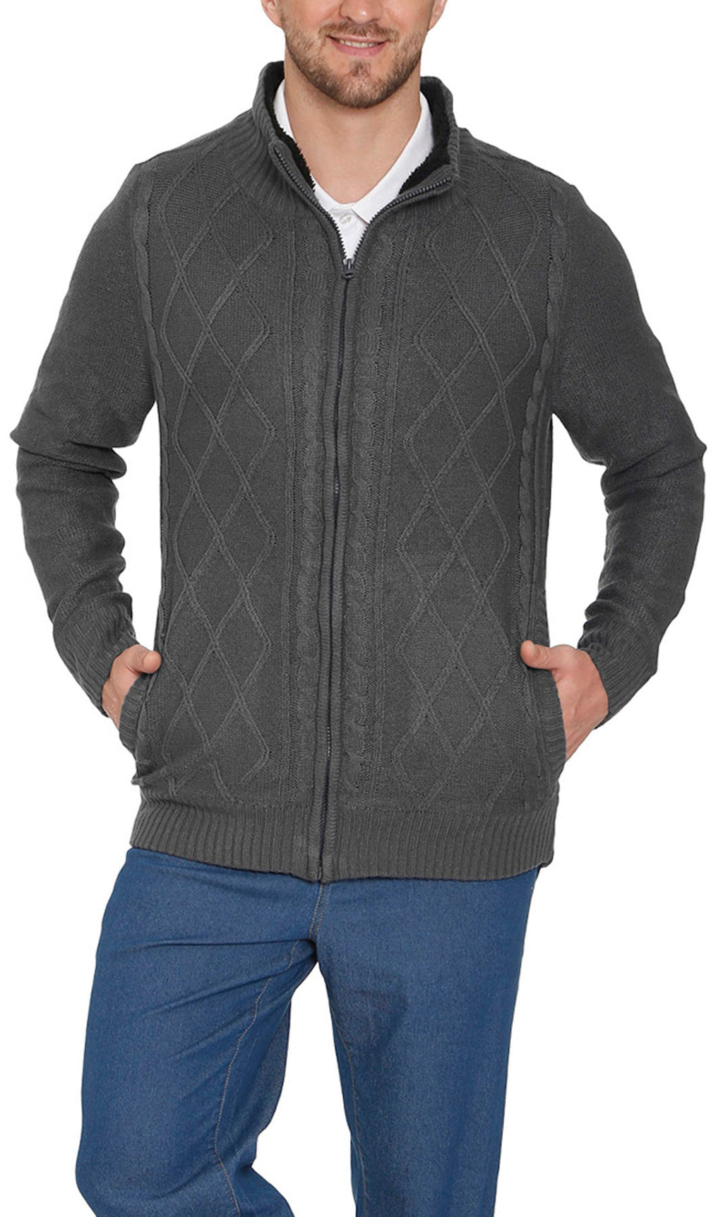 Mens Sherpa Fleece Lined Zip Front Sweater Jacket