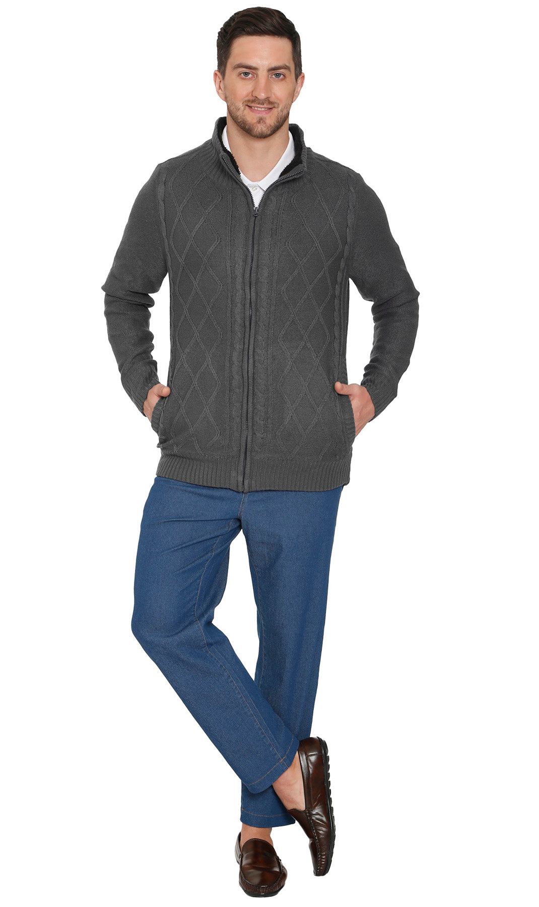 Mens Sherpa Fleece Lined Zip Front Sweater Jacket