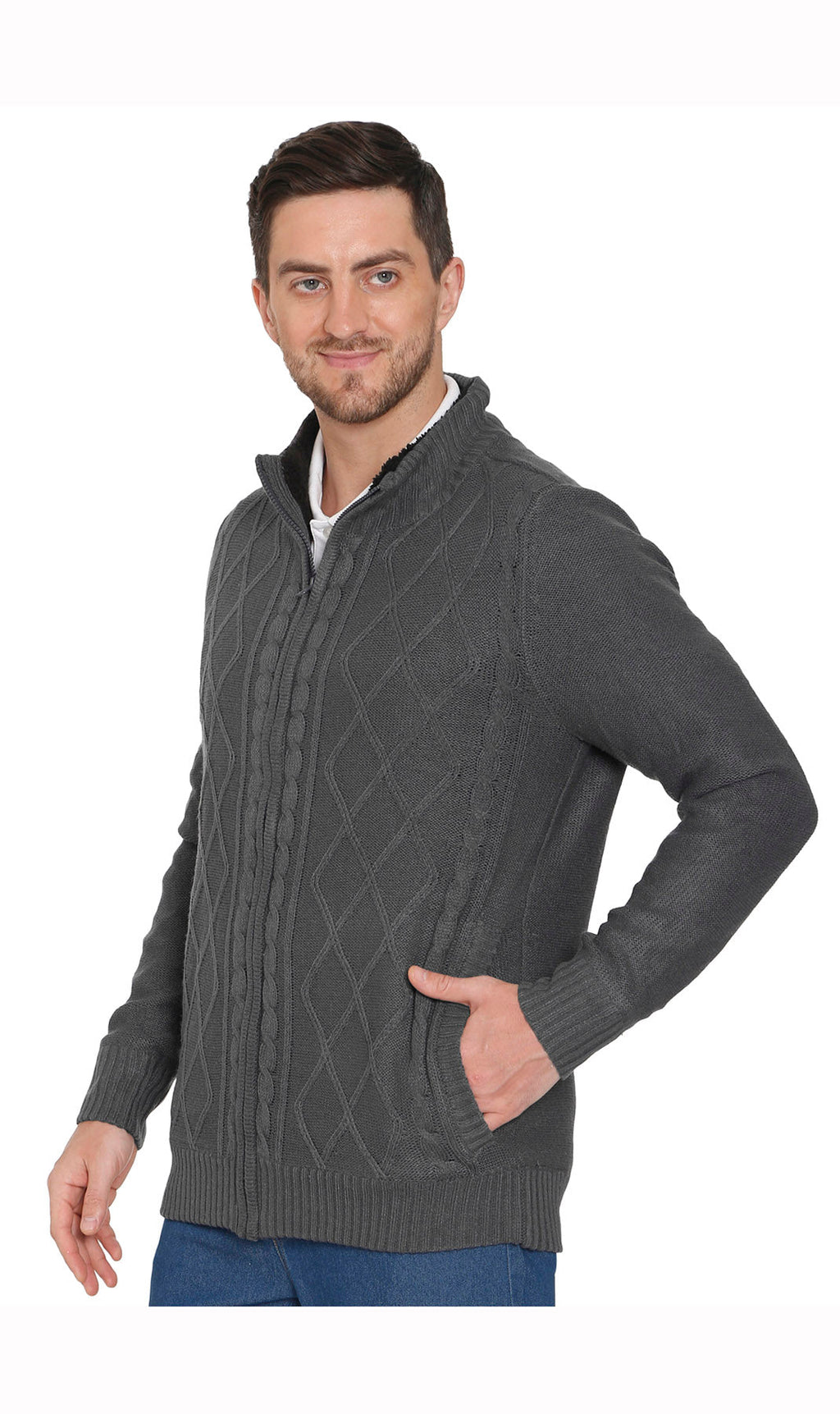 Mens Sherpa Fleece Lined Zip Front Sweater Jacket