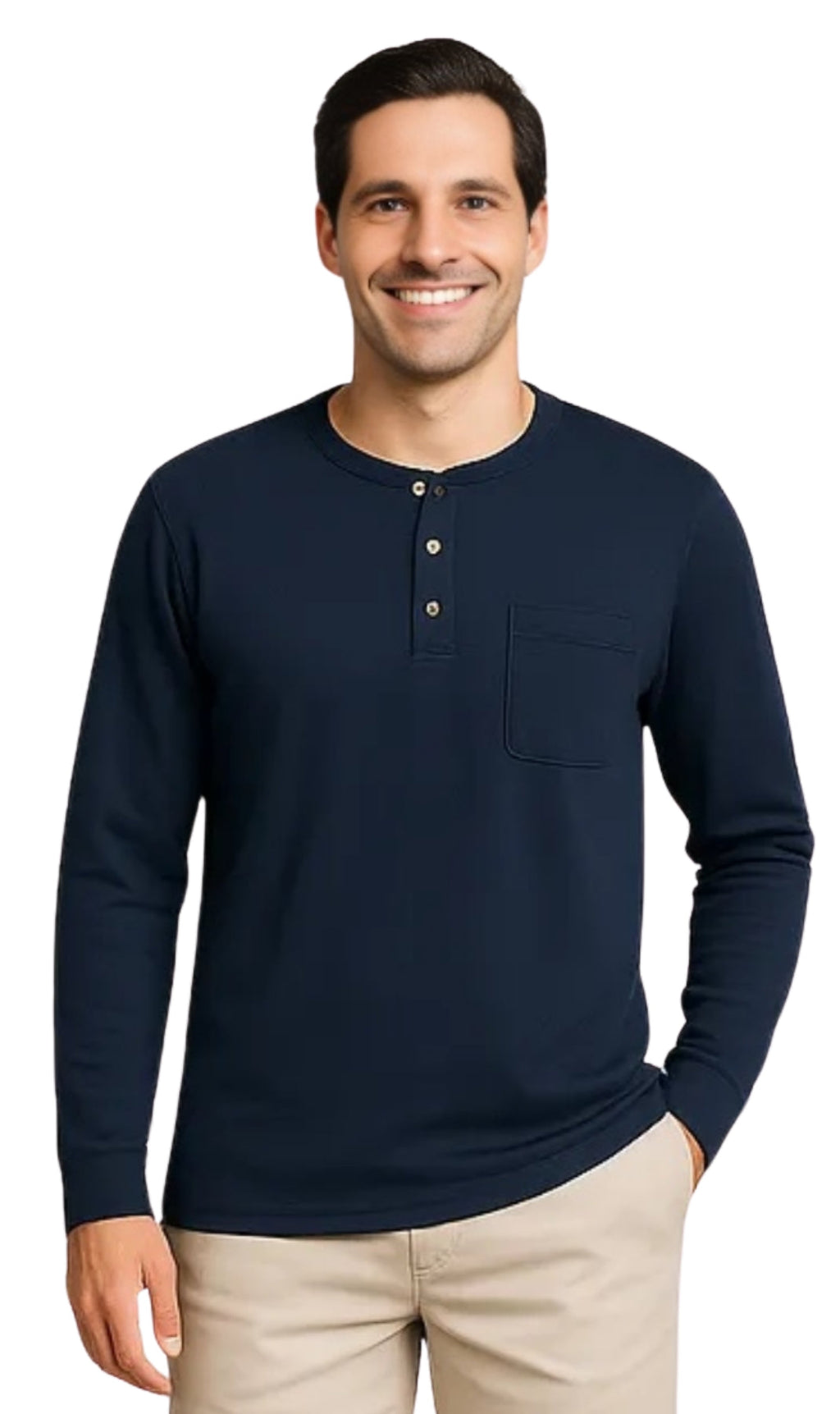 Men's Long Sleeve Henley shirt in cotton blend with 3 Button Placket & Chest Pocket