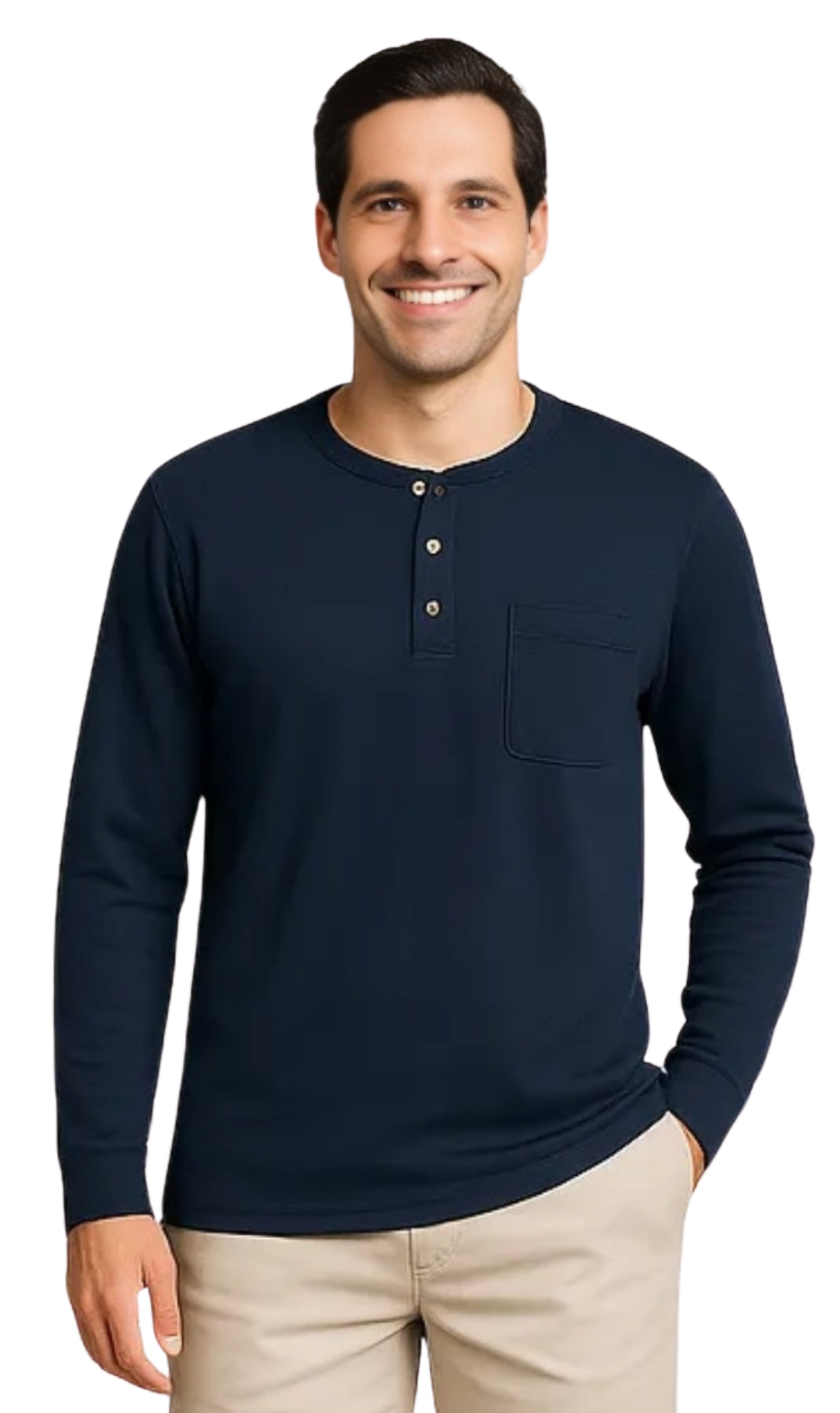 Men's Long Sleeve Henley shirt in cotton blend with 3 Button Placket & Chest Pocket