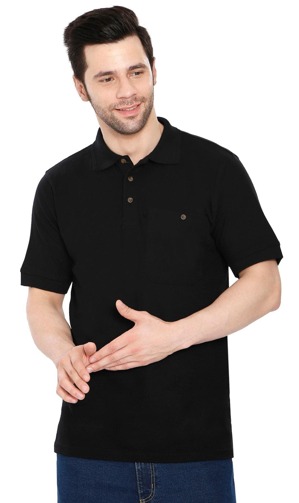 Men's Short Sleeve Pique Polo Shirt in Cotton Blend with Front Pocket