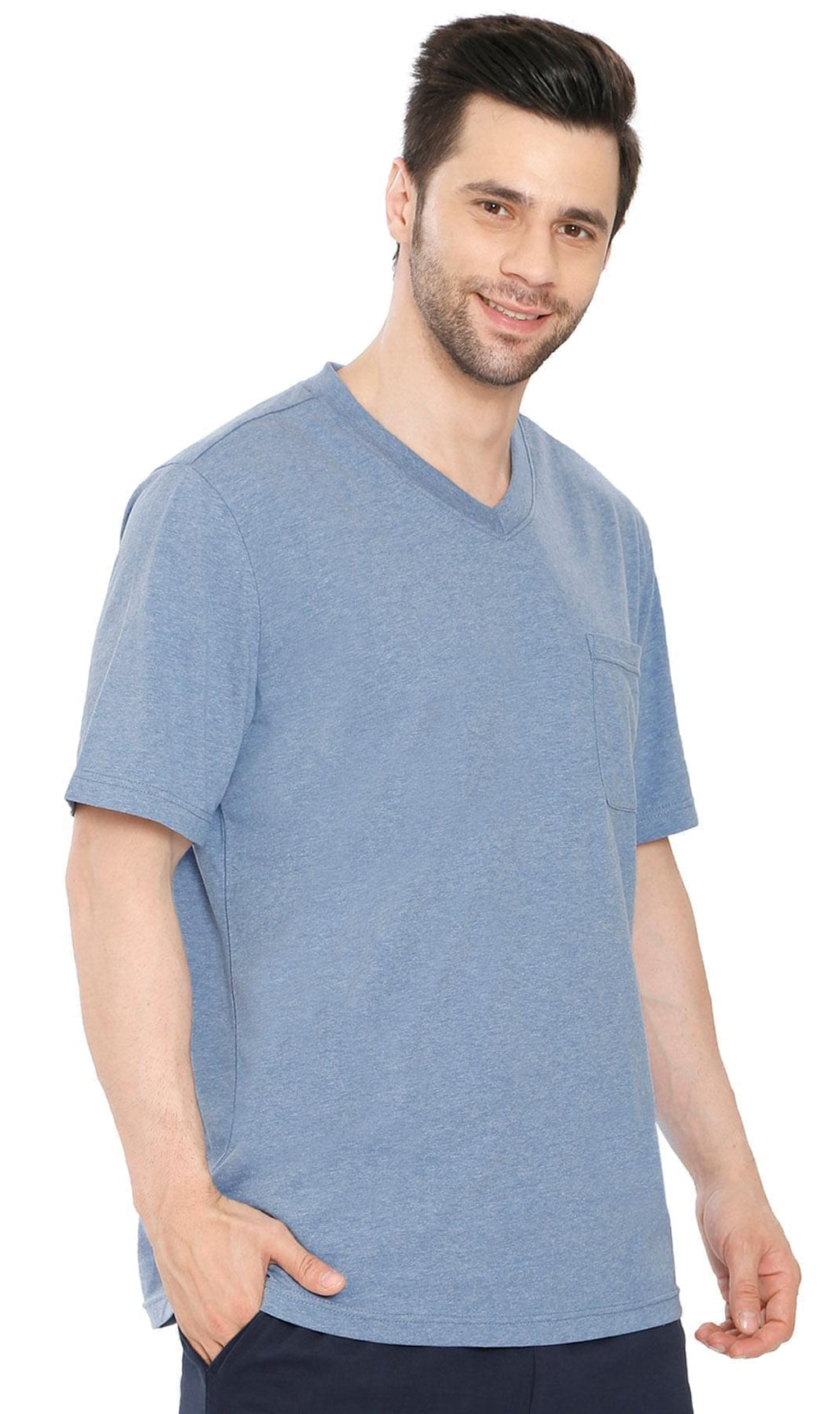 Men’s Short Sleeve Relaxed Fit V-Neck T-Shirt in Cotton Blend with Pocket