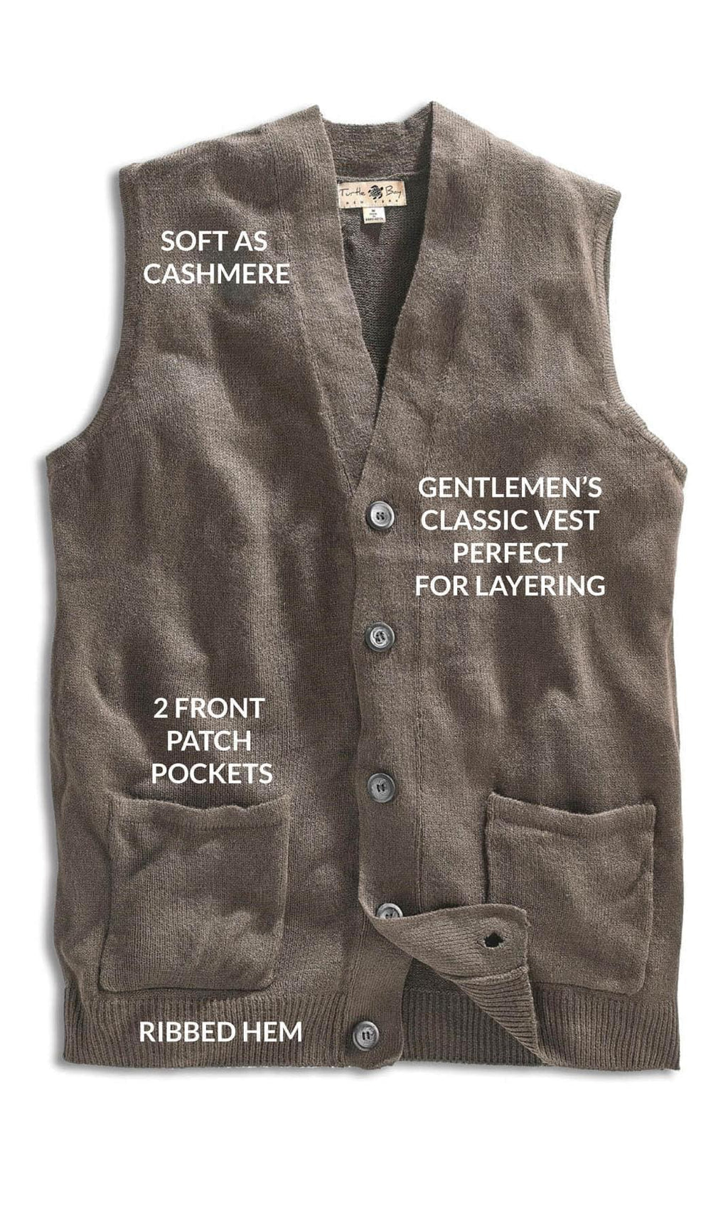 Men's Cashmere-Like Button Front Flat Knit Sweater Vest with front patch pockets