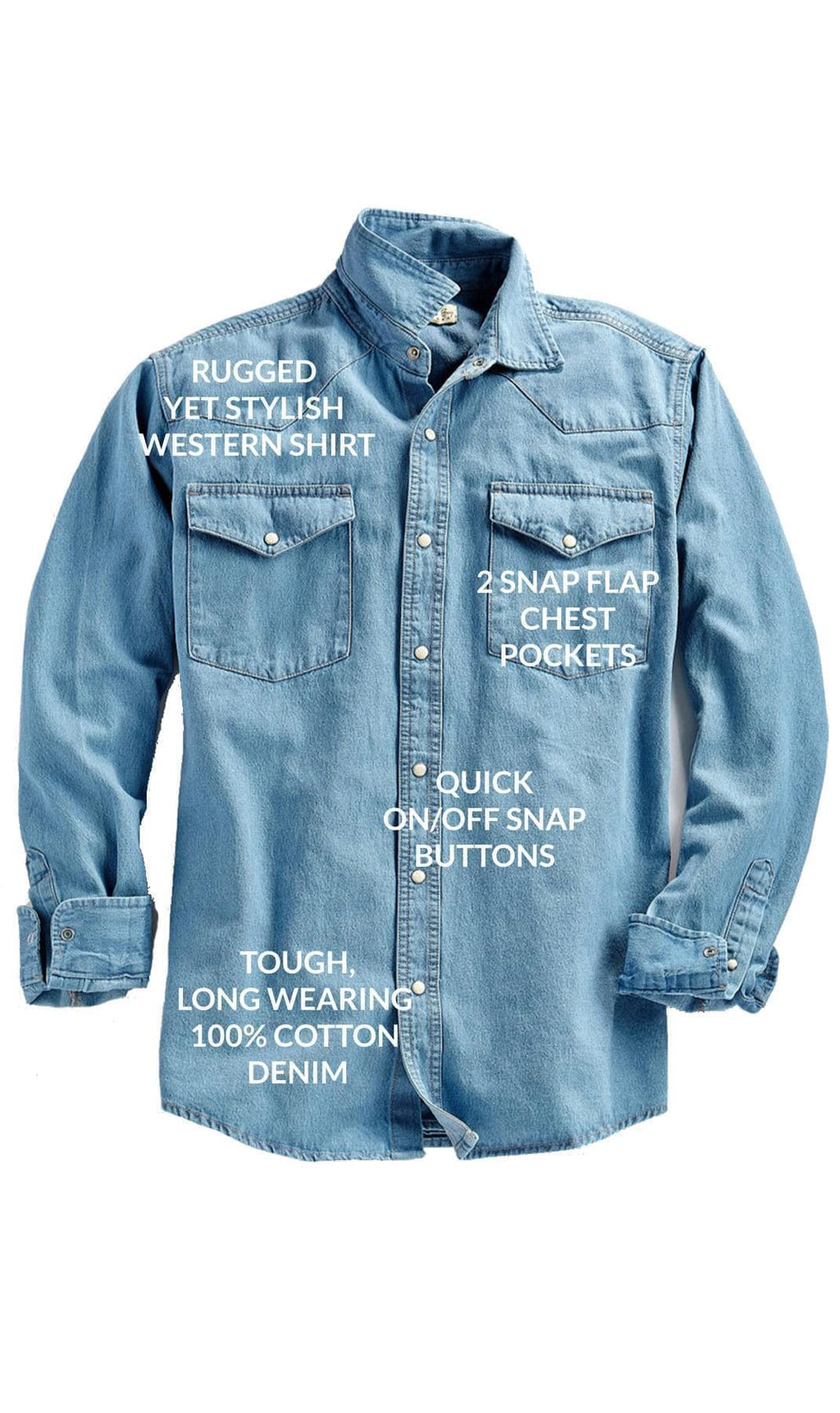 Mens Western Snap Front Button Shirt in Denim and Twill with a Stitched Yoke and Chest Pockets
