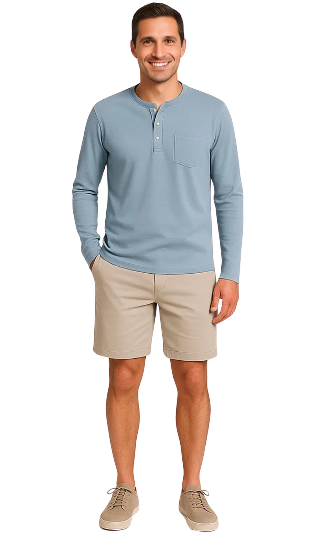 Men's Long Sleeve Henley shirt in cotton blend with 3 Button Placket & Chest Pocket