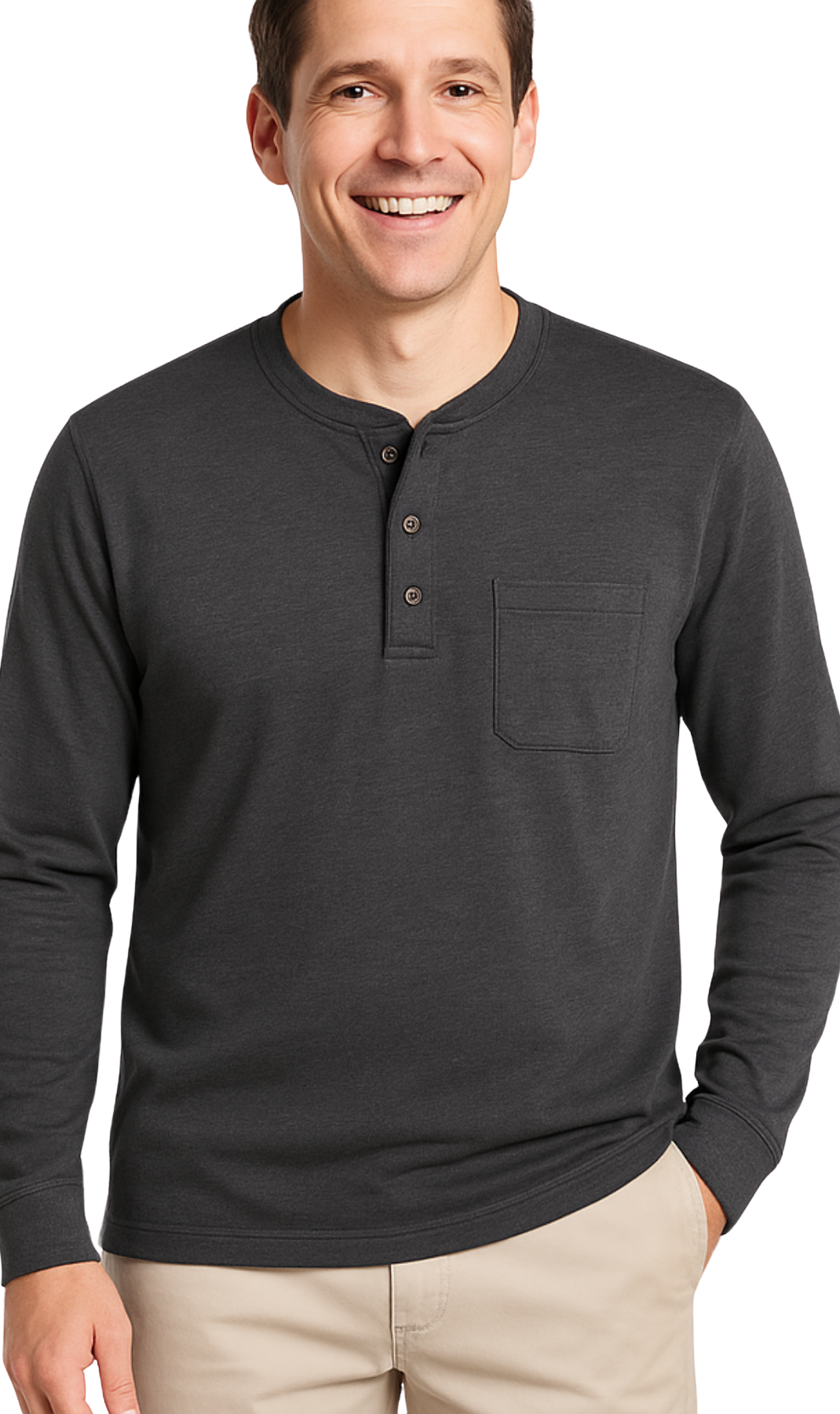 Men's Long Sleeve Henley shirt in cotton blend with 3 Button Placket & Chest Pocket
