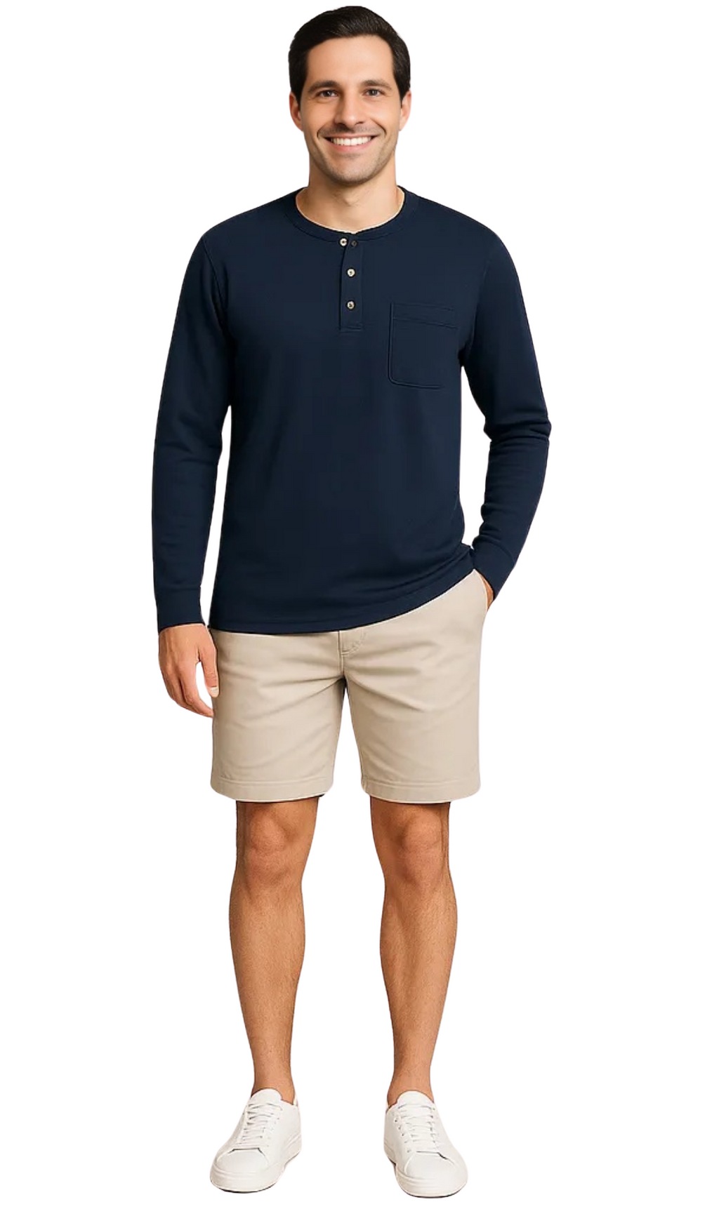 Men's Long Sleeve Henley shirt in cotton blend with 3 Button Placket & Chest Pocket