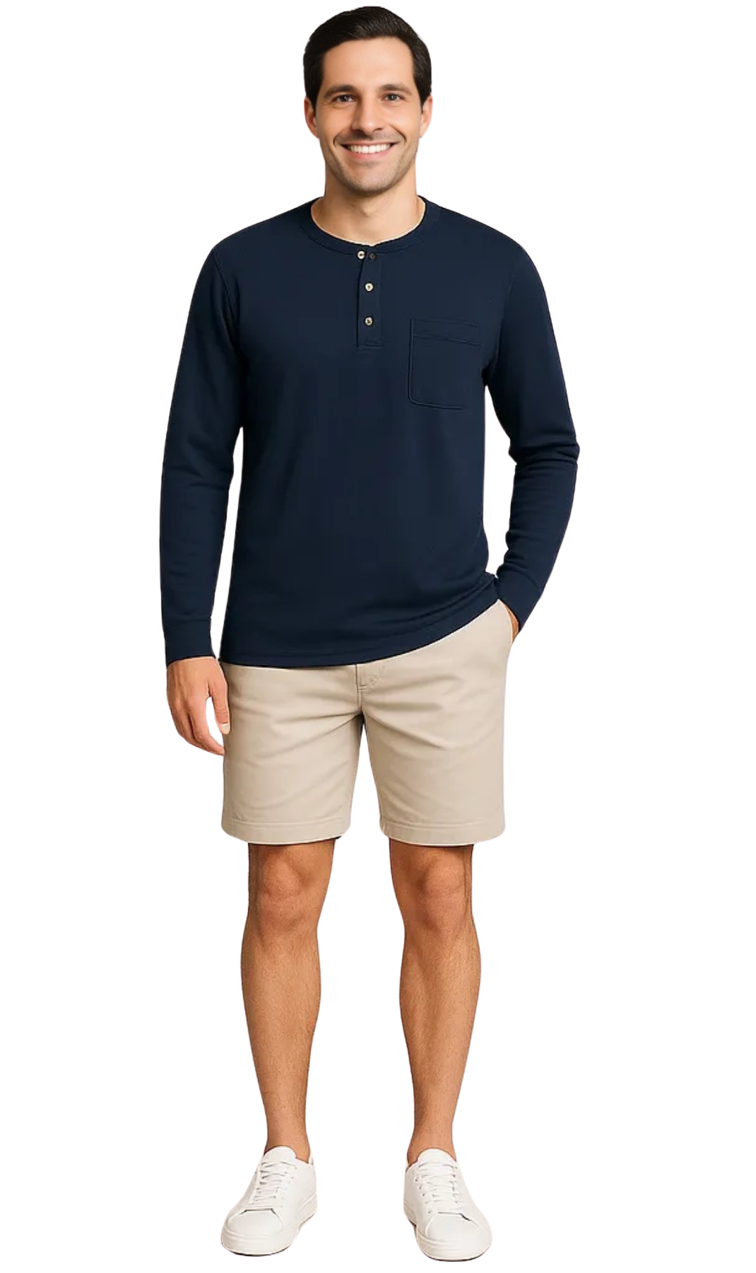 Men's Long Sleeve Henley shirt in cotton blend with 3 Button Placket & Chest Pocket