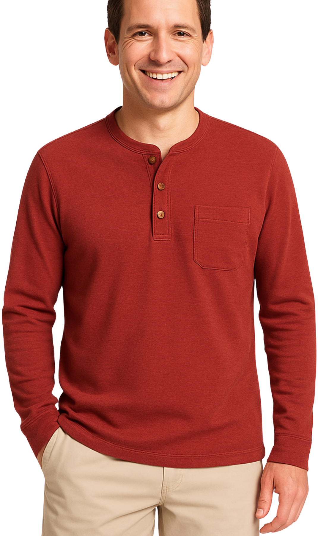 Men's Long Sleeve Henley shirt in cotton blend with 3 Button Placket & Chest Pocket