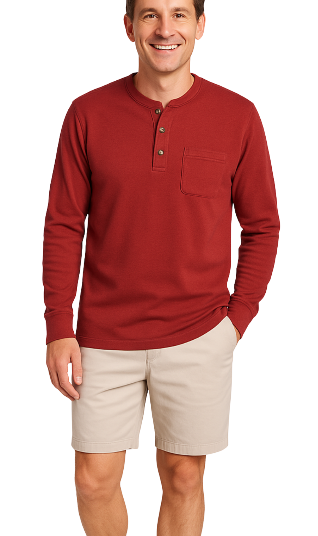 Men's Long Sleeve Henley shirt in cotton blend with 3 Button Placket & Chest Pocket