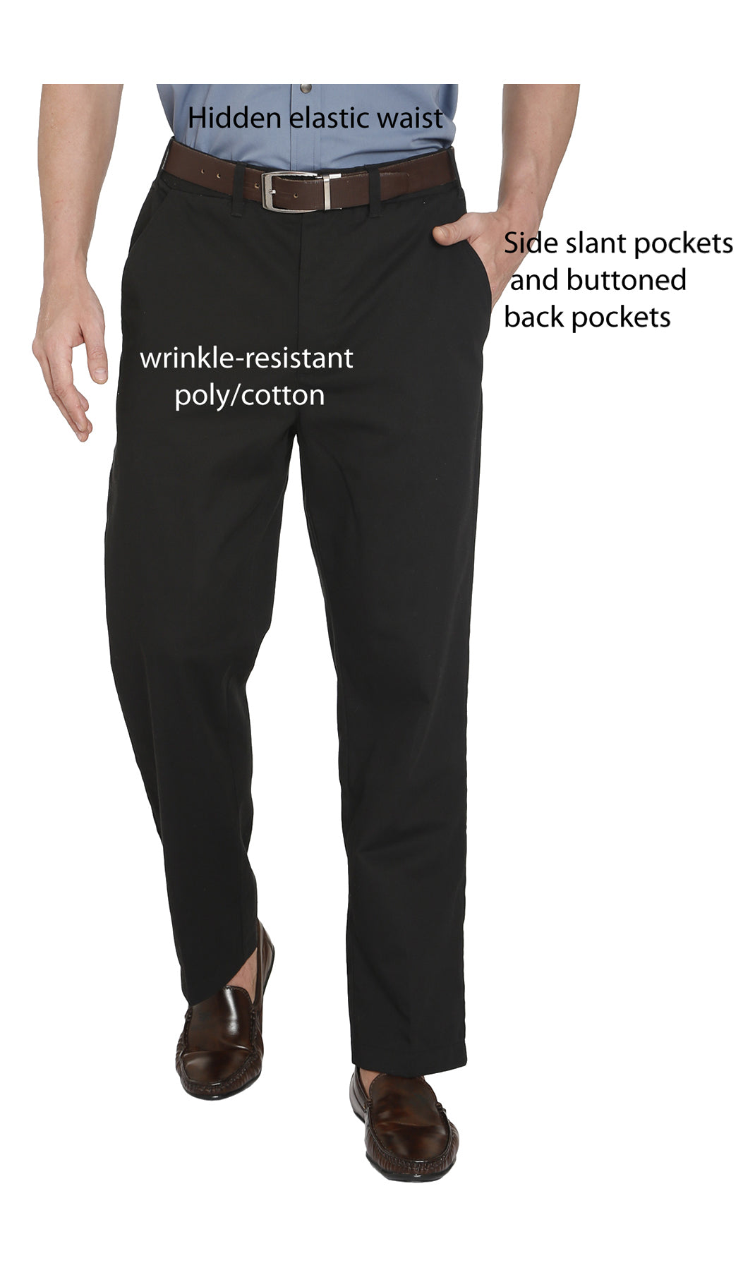 Men's Stretch Waist Chinos with a Hidden Elastic Waist and Flat Front