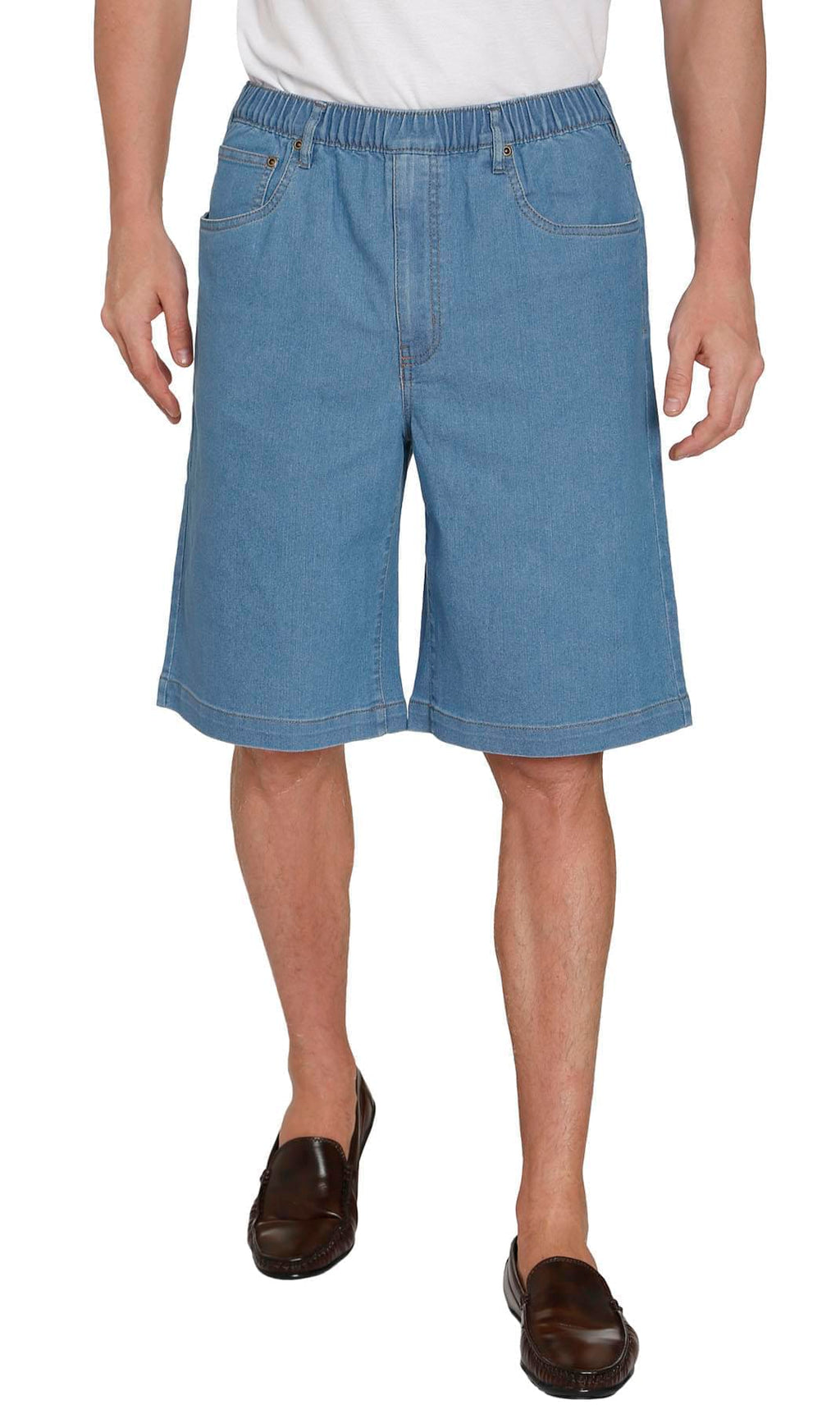 Men's Stretch Waist Pull On Shorts  in Denim and Twill - Free of Buttons & Snaps