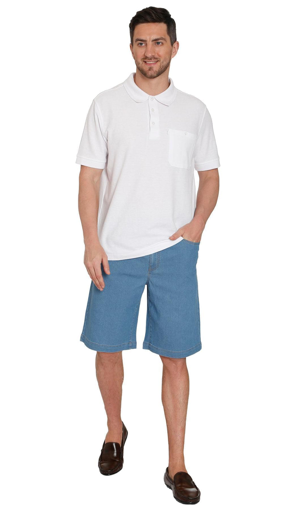 Men's Stretch Waist Pull On Shorts  in Denim and Twill - Free of Buttons & Snaps