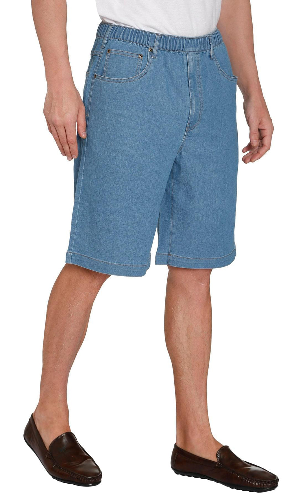 Men's Stretch Waist Pull On Shorts  in Denim and Twill - Free of Buttons & Snaps